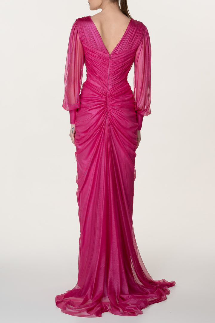 Namira Silk Tulle Long Dress In Glossy-Fucsia