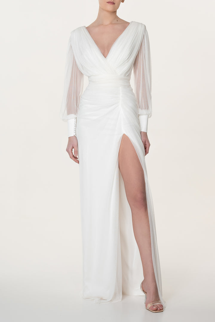 Namira Silk Tulle Long Dress In Ivory