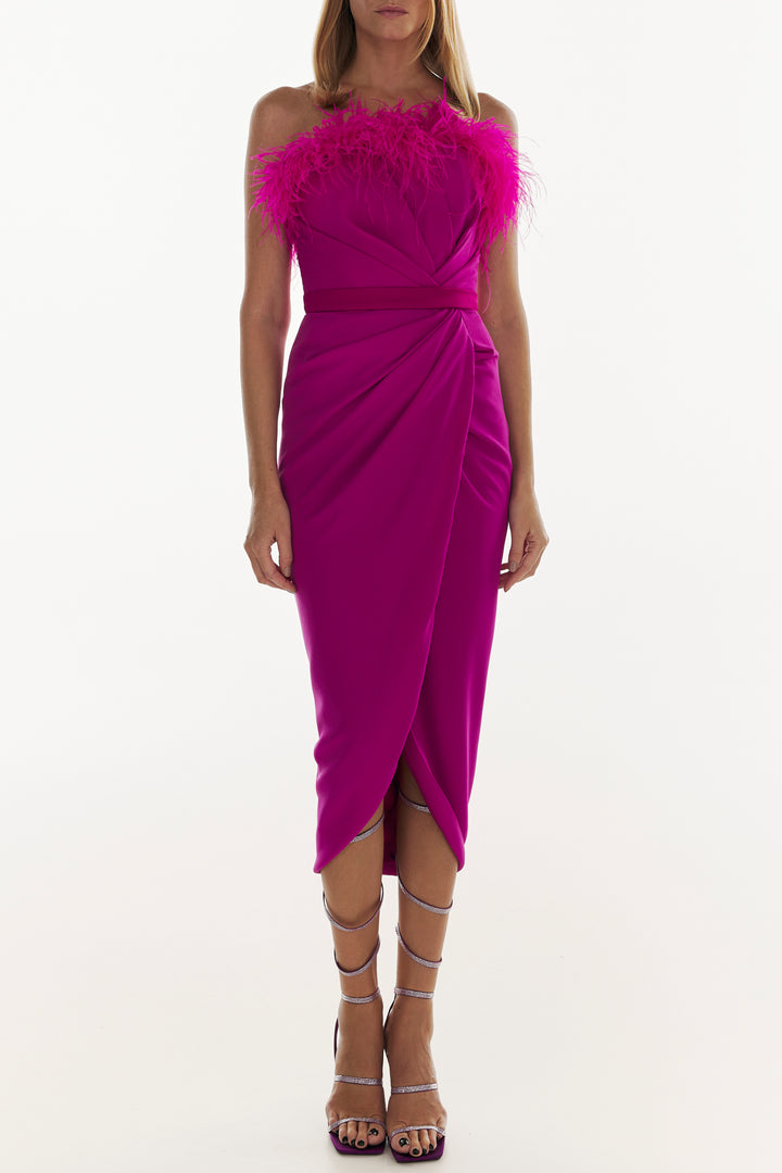 Raisa Hot Pink Feather Trimmed Midi Crepe Dress