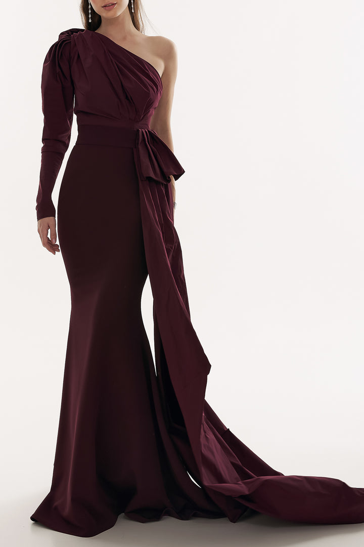 Thalia Taffeta And Crepe Wine Long Dress