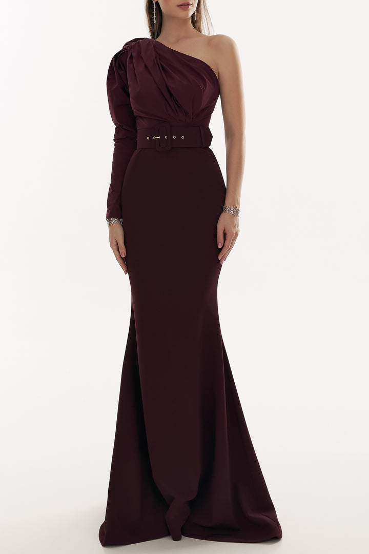 Thalia Taffeta And Crepe Wine Long Dress