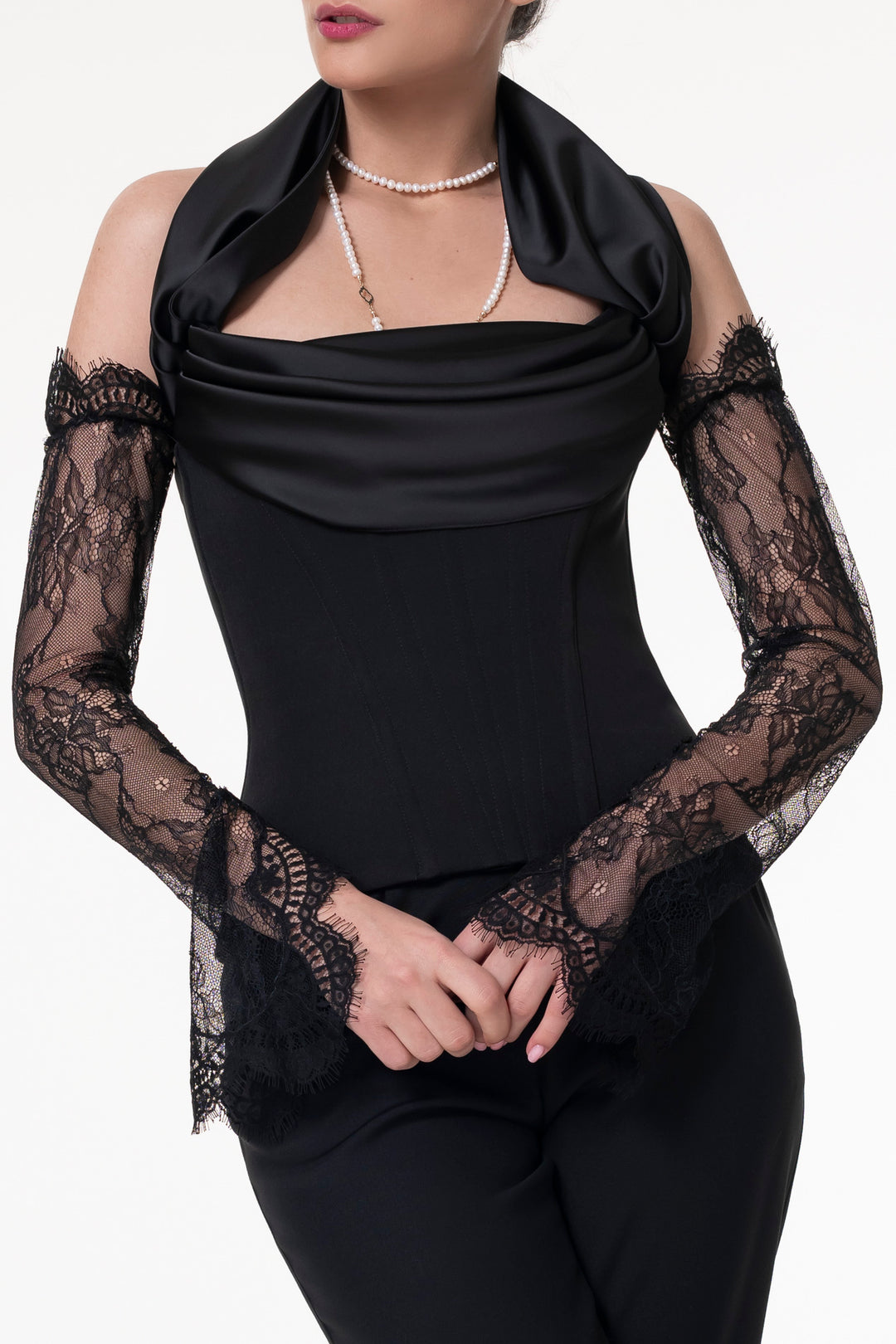Embroidered Black Long Lace Gloves
