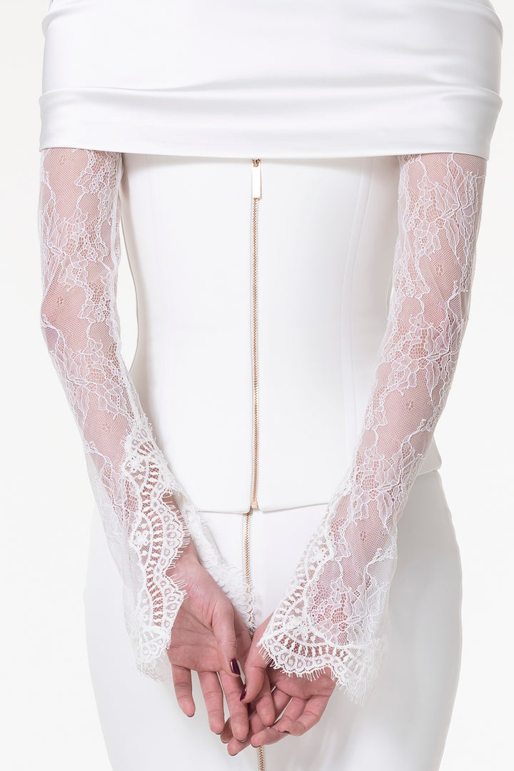 Embroidered Ivory Long Lace Gloves