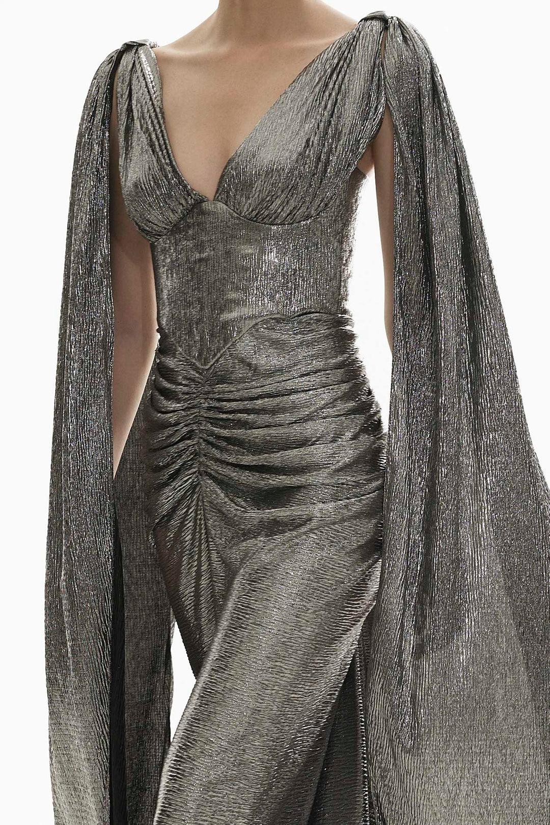 Sari Long Platinum Metallic Light Crepe Dress With Capes