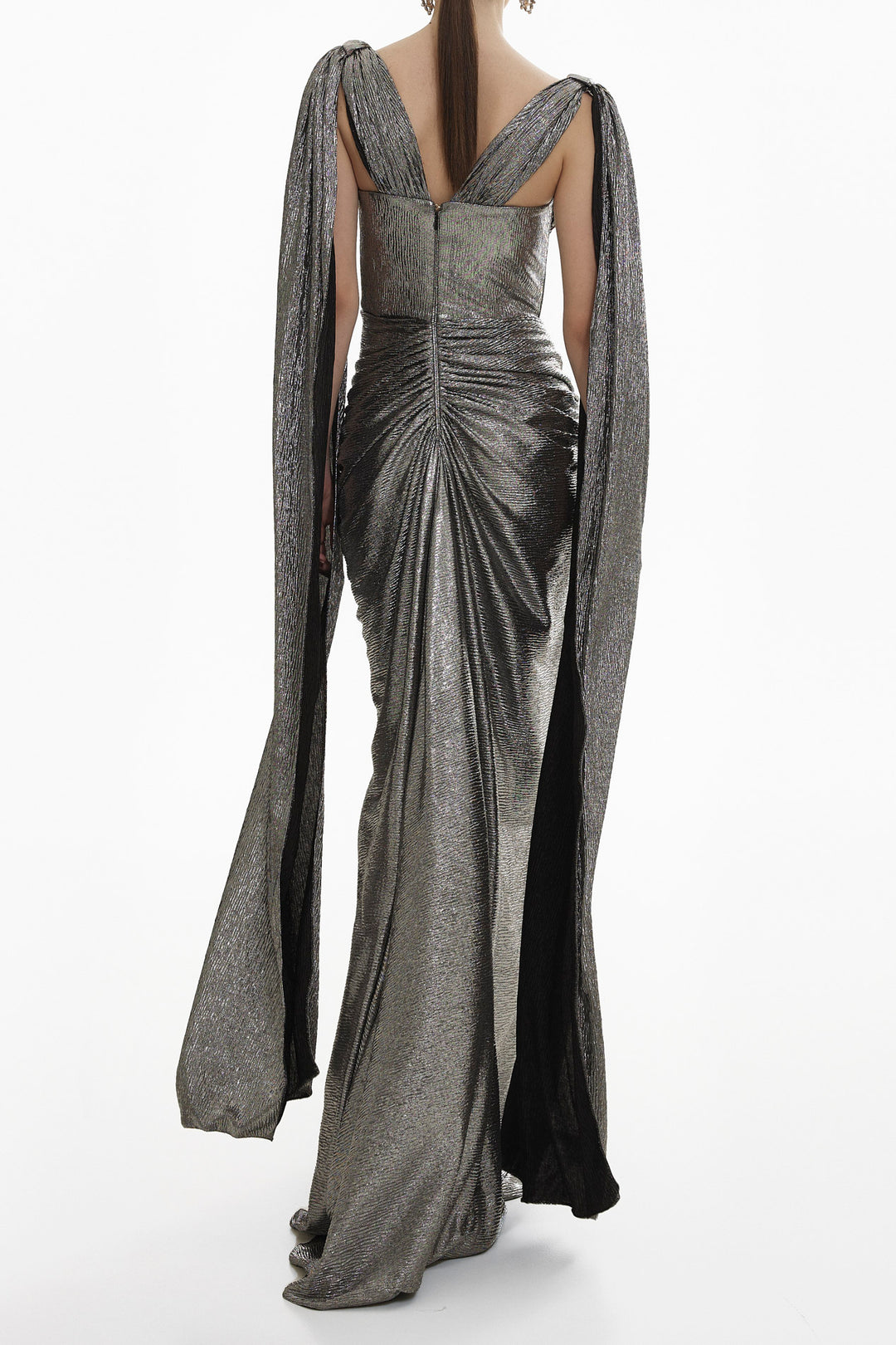 Sari Long Platinum Metallic Light Crepe Dress With Capes