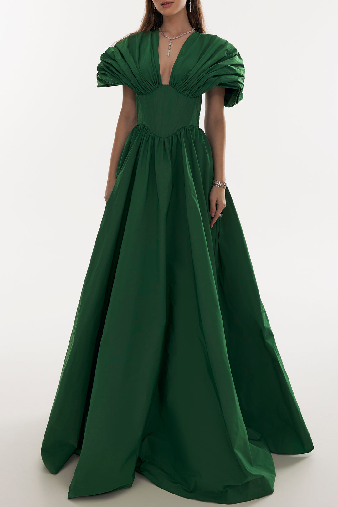 Ezra Taffeta Long Dress In Dark-Green Rhea Costa Ezra Taffeta Long Dress In Dark-Green Rhea Costa