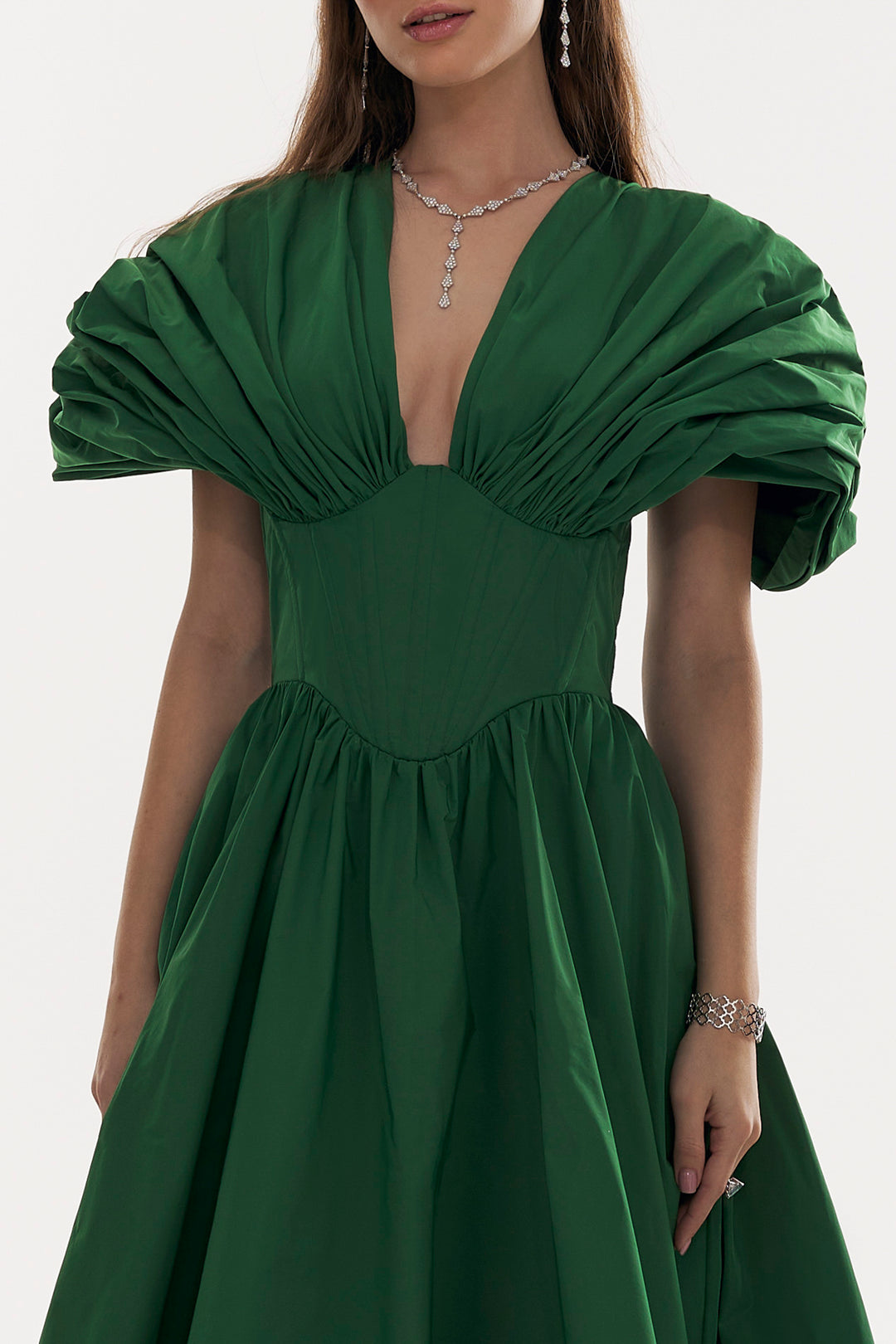 Ezra Taffeta Long Dress In Dark-Green Rhea Costa Ezra Taffeta Long Dress In Dark-Green Rhea Costa