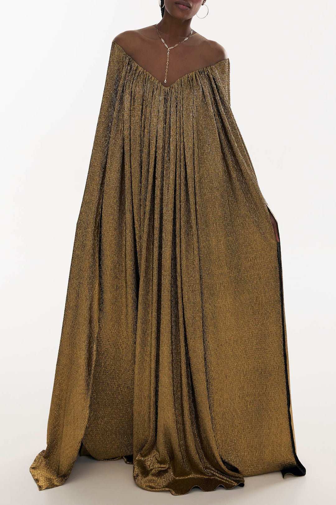 Iman Metallic Crepe Cape Dress In Gold Rhea Costa Iman Metallic Crepe Cape Dress In Gold Rhea Costa