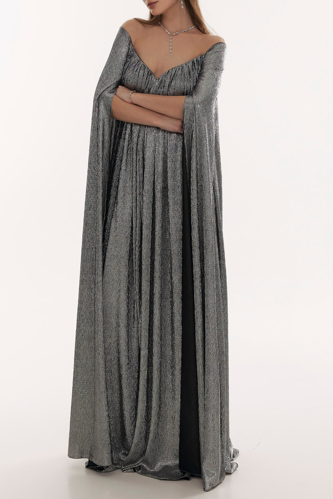 metallic cape dress Metallic Jacquard Cape Train Gown