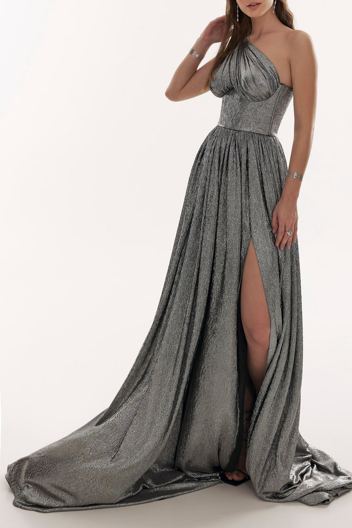 Devina Platinum Metallic Light Crepe Long Dress