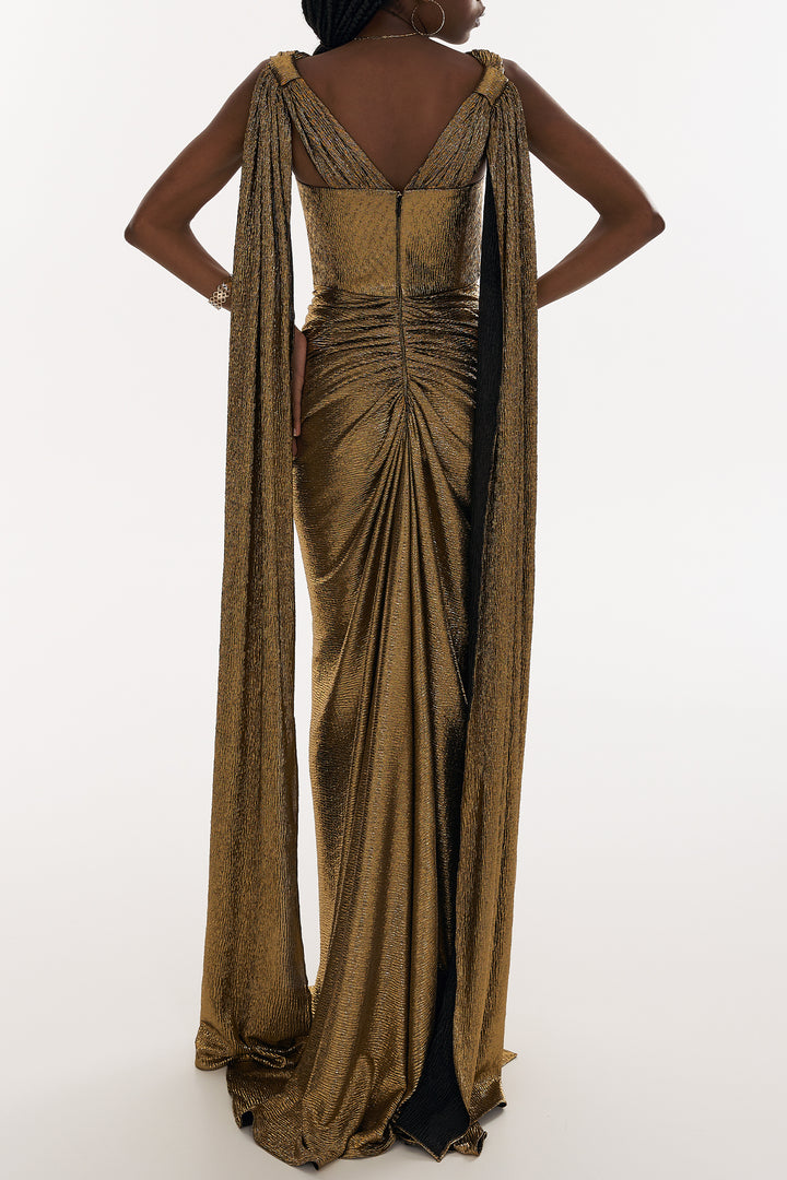 Sari Long Pure Gold Metallic Light Crepe Dress With Capes