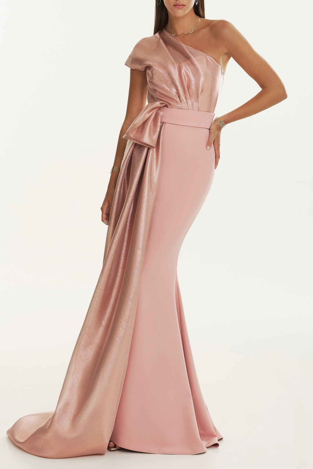 Thalia Rose Gold Crepe And Silk Lurex Gown