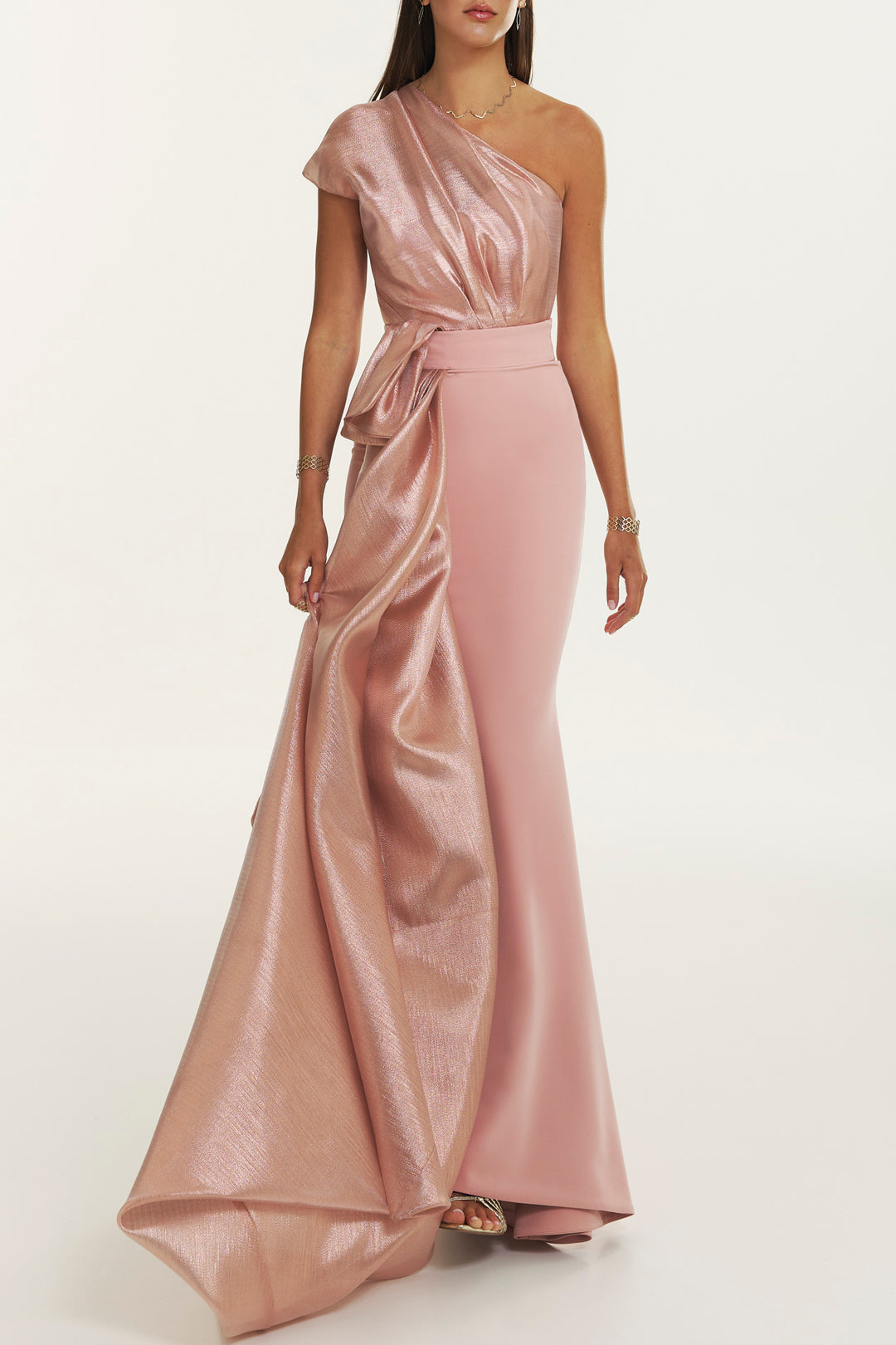 Thalia Crepe Gown With Metallic Sheen In Rose-Gold Rhea Costa Thalia Crepe Gown With Metallic Sheen In Rose-Gold Rhea Costa
