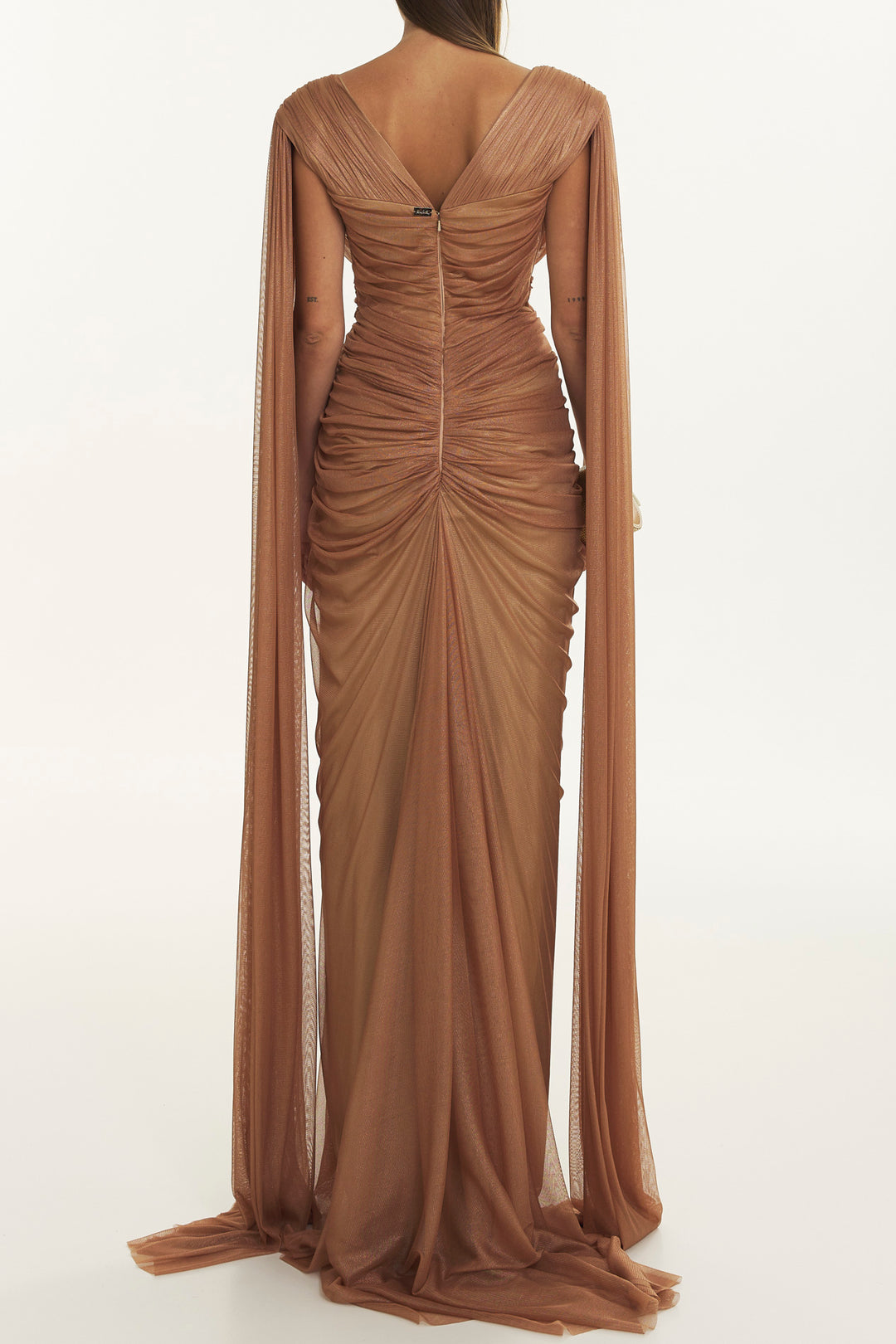 Luna Bronze Silk Tulle Long Dress With Capes