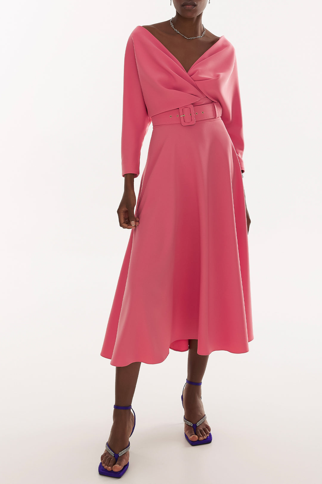 Reese Crepe Midi Dress in Salmon Pink Rhea Costa Reese Crepe Midi Dress in Salmon Pink Rhea Costa