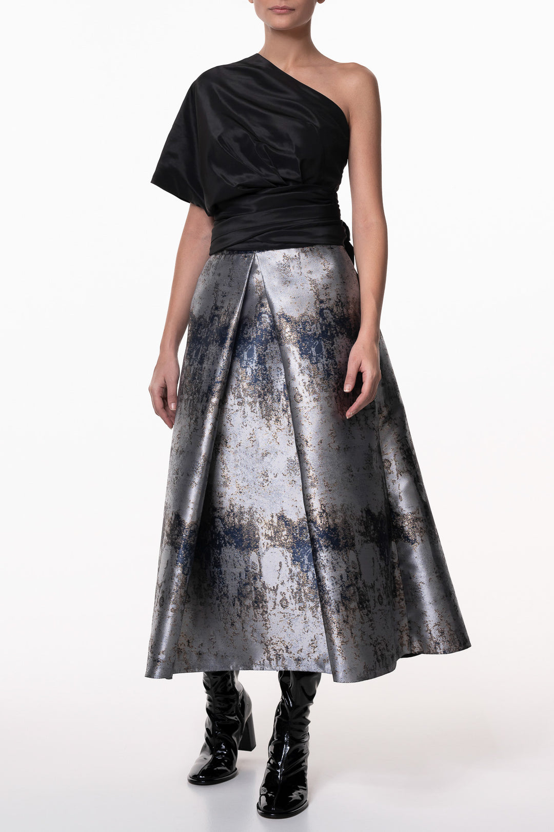 Jasmine Structured Jacquard Skirt In Gold-Grey