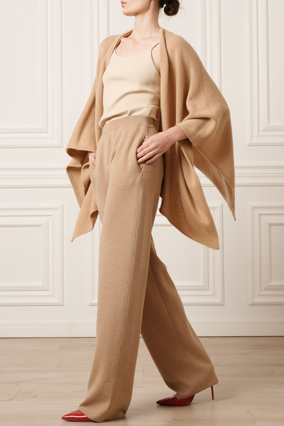 Tia Jersey Wool Wide-Leg Pants in Camel