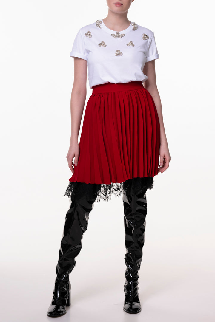 Pleated Crepe Short Skirt In True Red