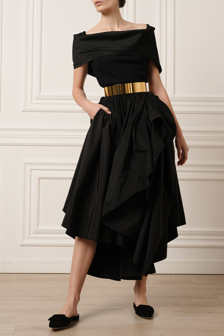 Elias Taffeta Midi Skirt In Black