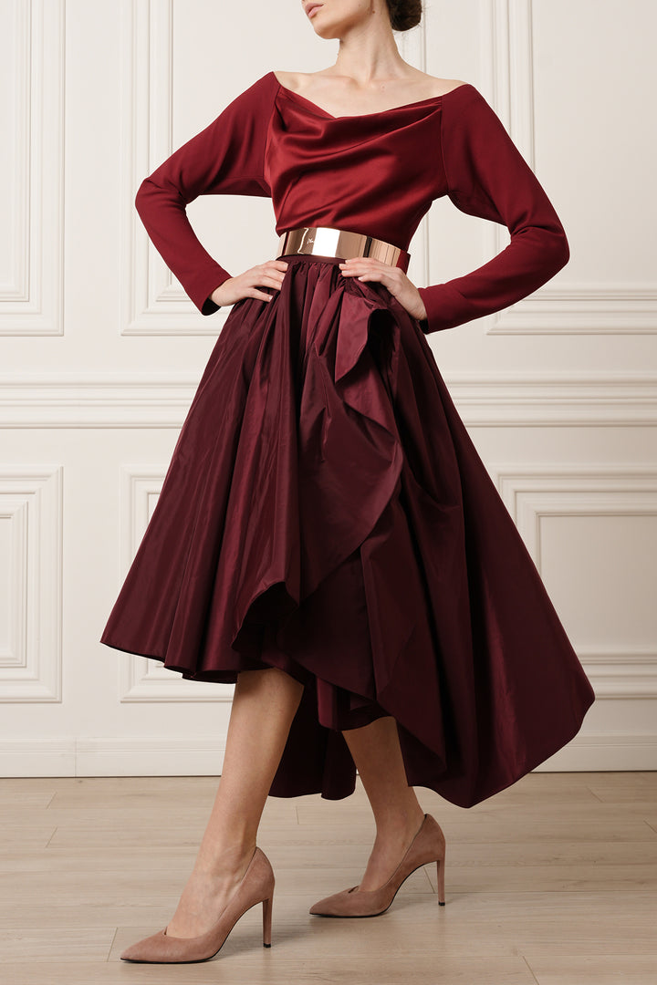 Elias Taffeta Midi Skirt In Burgundy