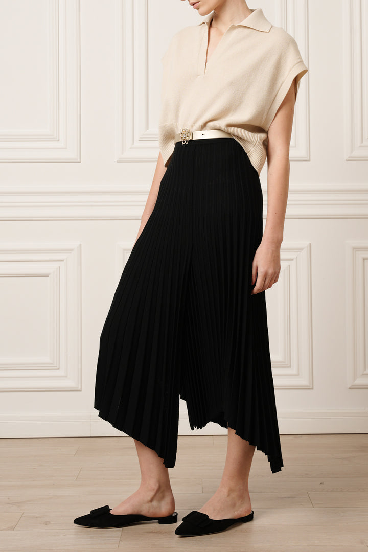 Lia Jersey Wool Pleated Midi Skirt in Black