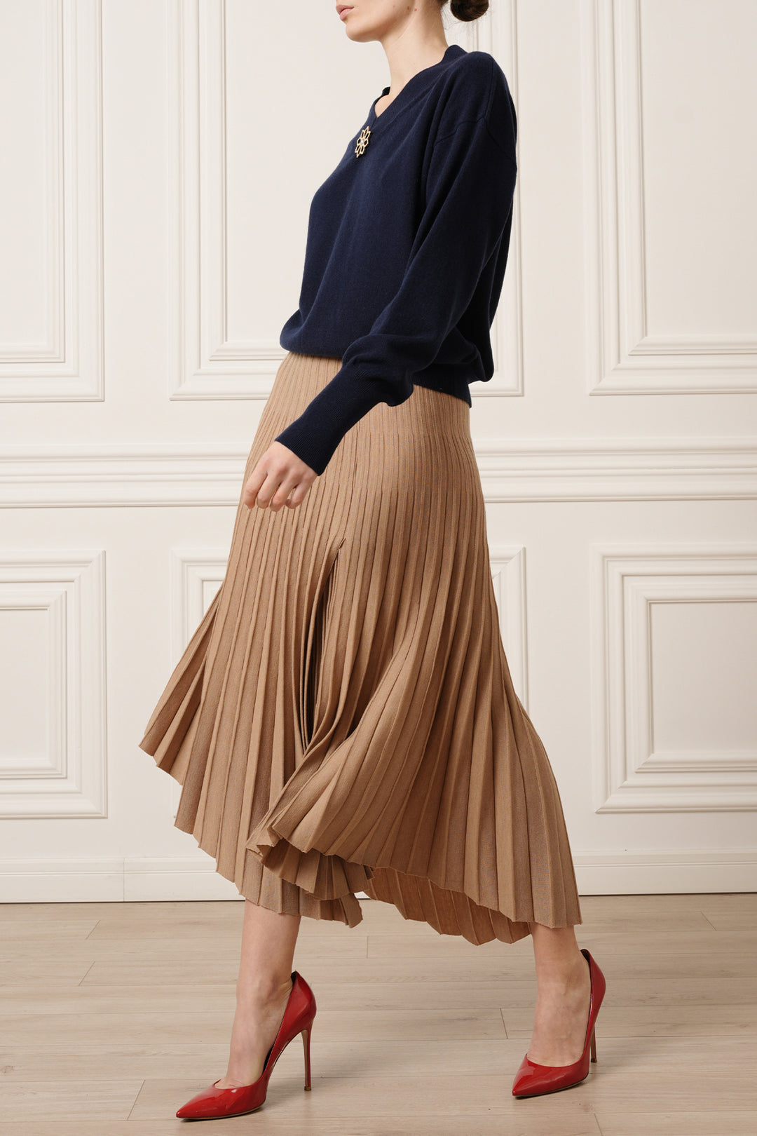 Lia Jersey Wool Pleated Midi Skirt in Camel