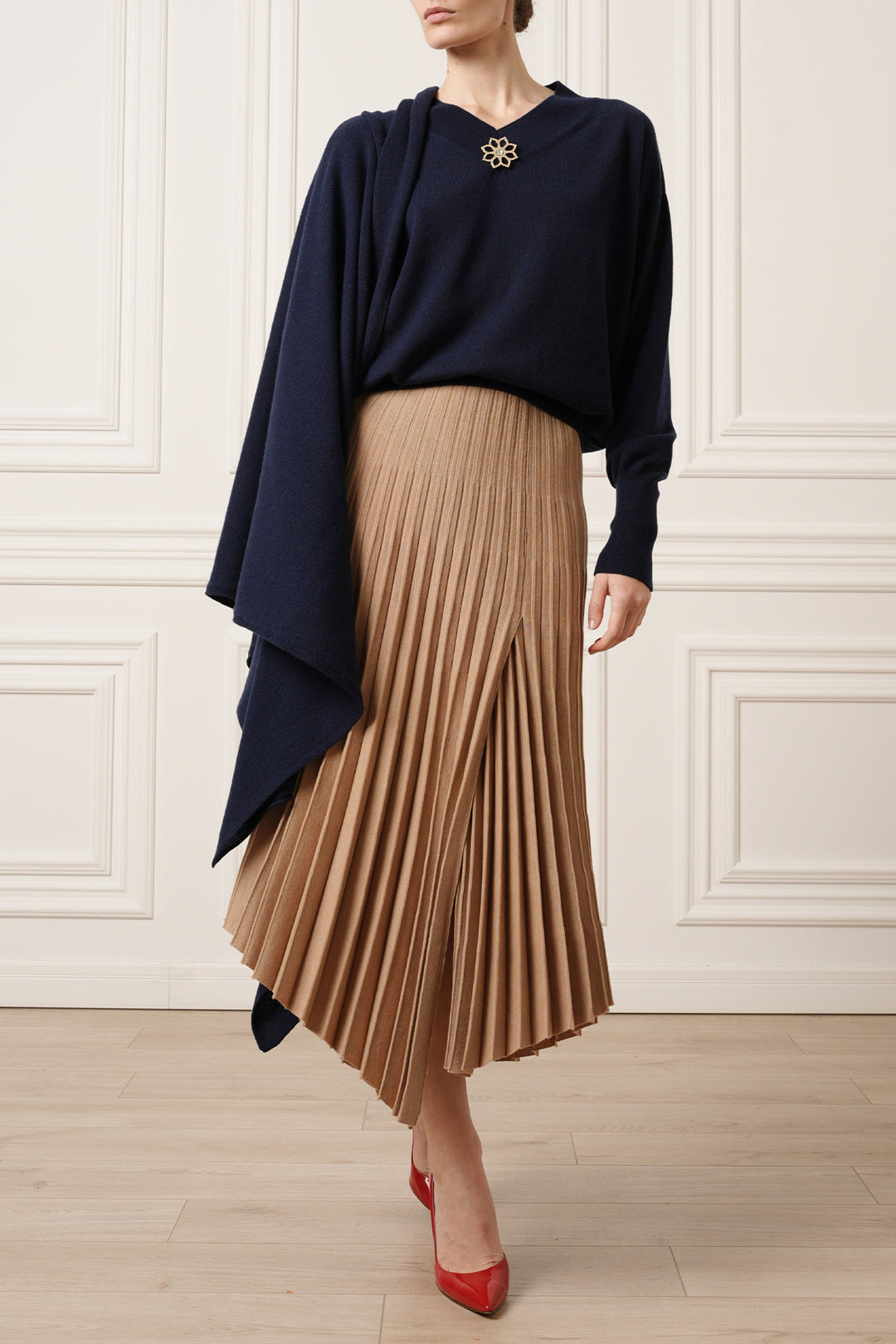 Lia Jersey Wool Pleated Midi Skirt in Camel