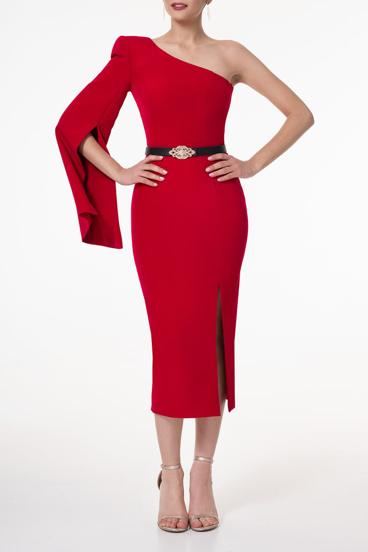 Sharon Red Crepe Midi Dress