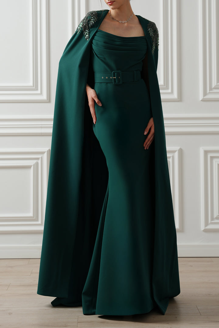 Aesha Cape Dress In Ivy-Green