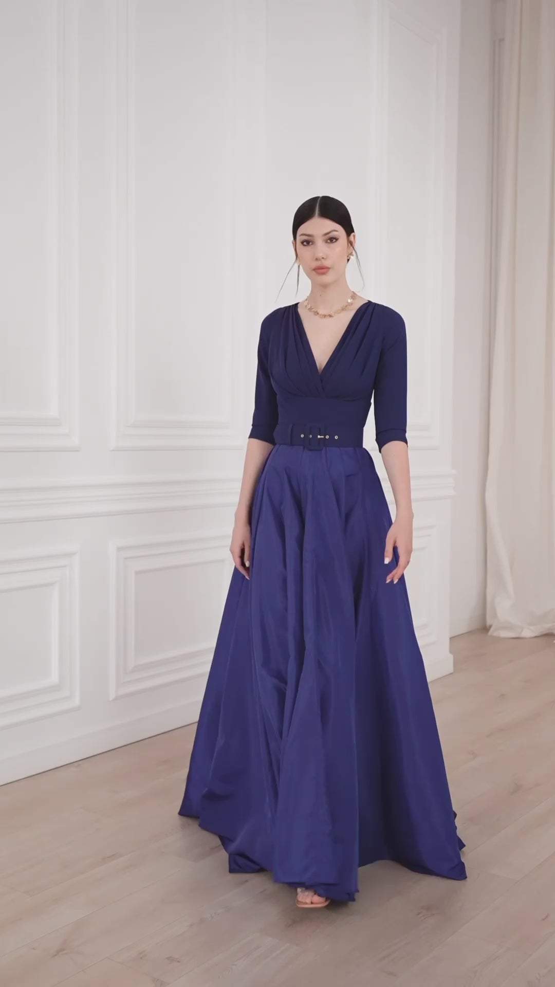 Jamie Taffeta and Crepe Long Dress In Dark Blue