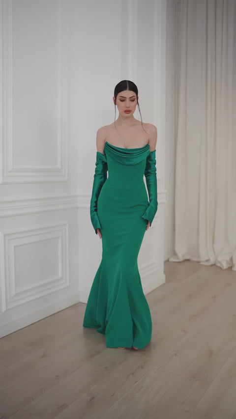 slim fit dress slacks Angelina Satin Midi Dress in Emerald – Rhea Costa main image 0