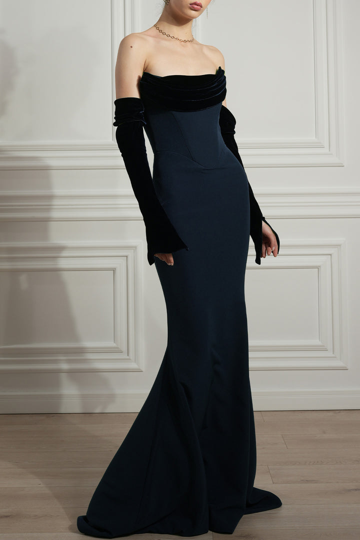 Raven Crepe and Velvet Dress in Midnight-Blue