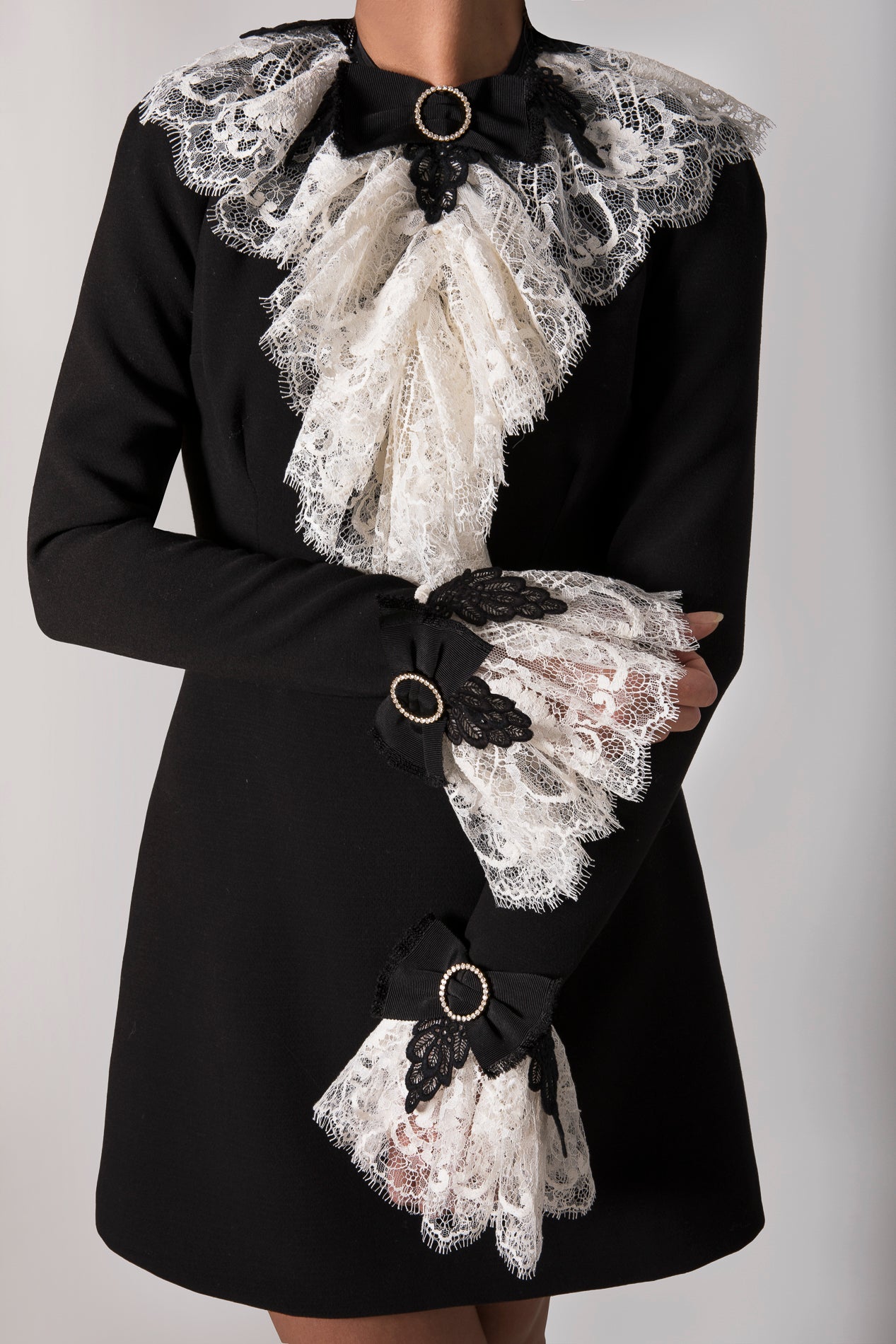 Anne Ruffled Cotton Lace Jabot In Ivory and Black – Rhea Costa Anne Ruffled Cotton Lace Jabot In Ivory and Black – Rhea Costa