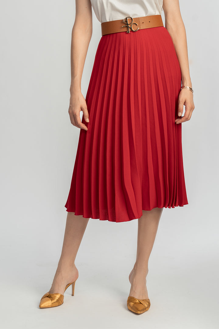 Pleated Crepe Midi Skirt In True Red