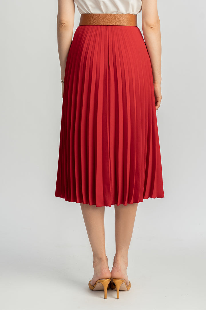 Pleated Crepe Midi Skirt In True Red