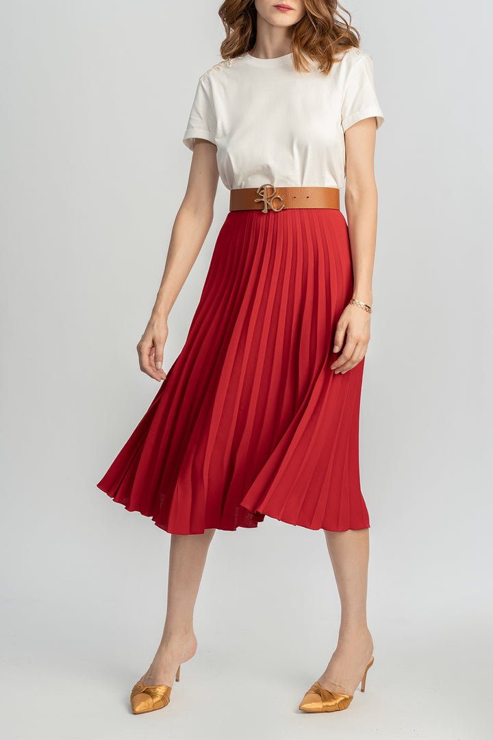 Pleated Crepe Midi Skirt In True Red