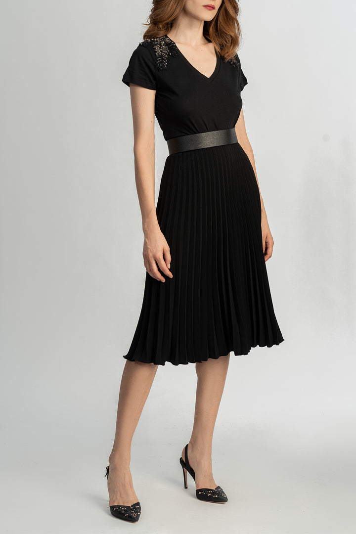 Black Midi Pleated Crepe Skirt
