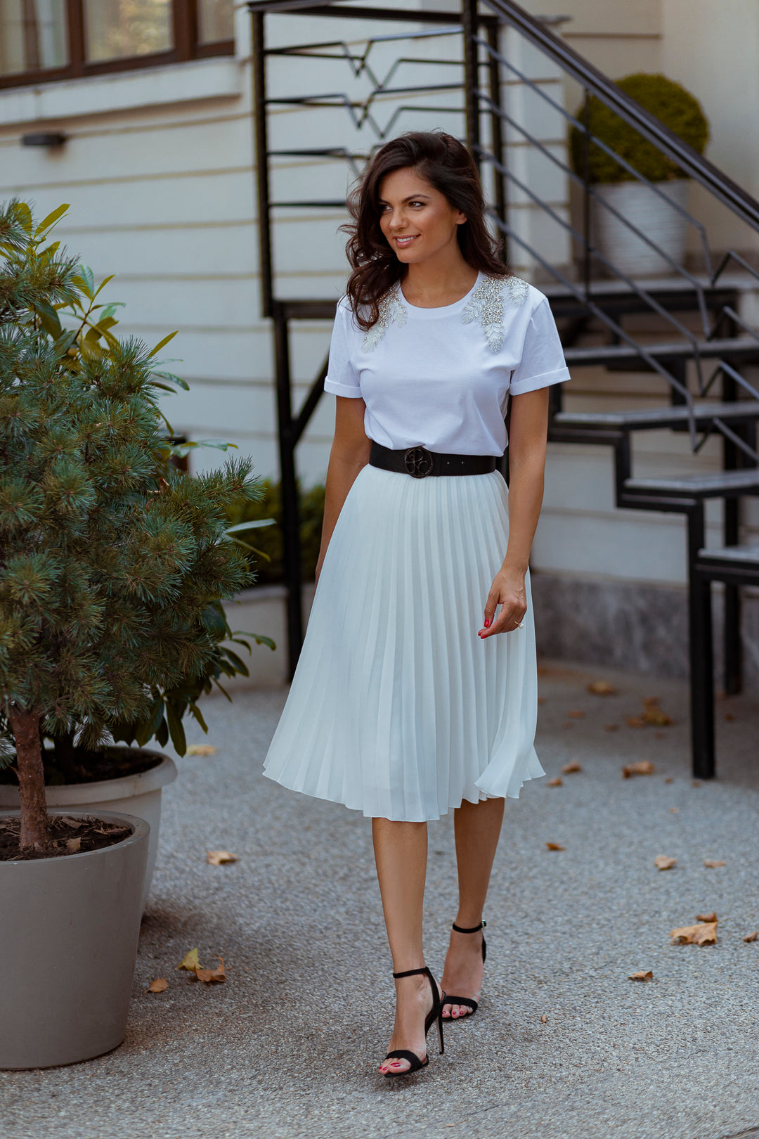 Pleated Crepe Midi Skirt In Ivory