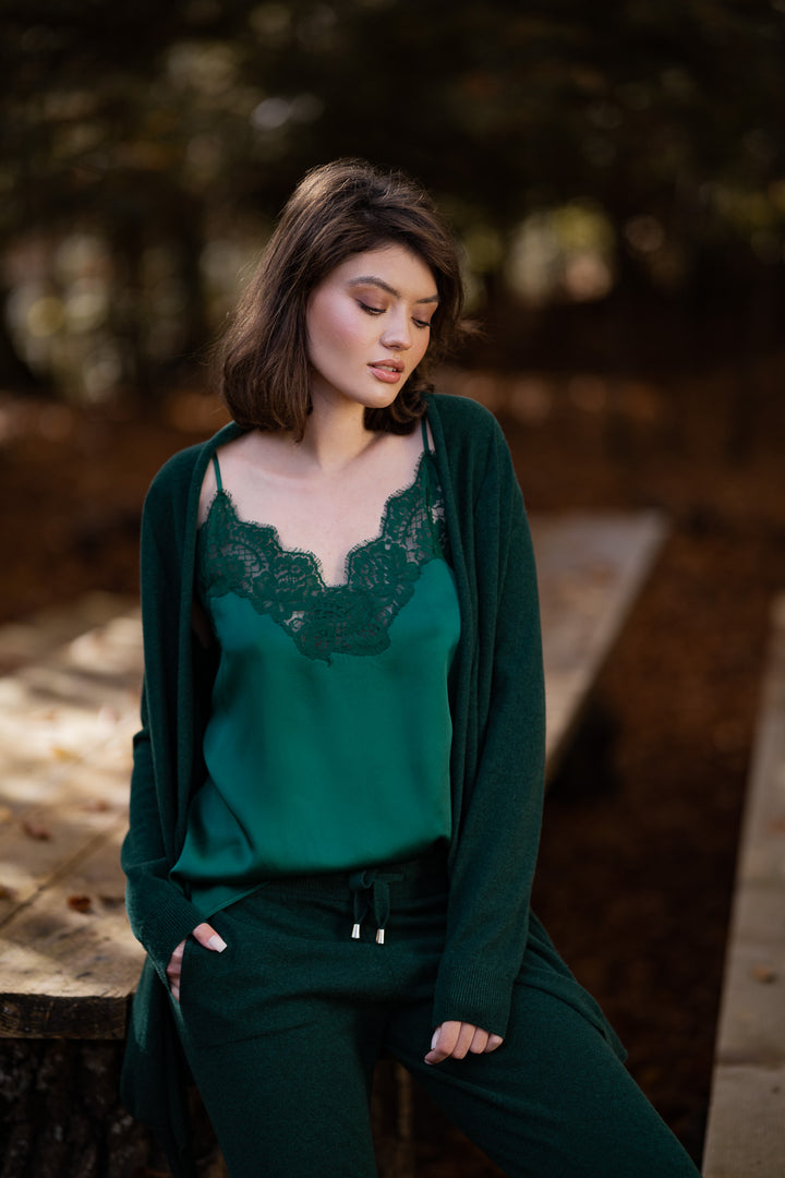 Emerald Lace Embroidered Satin Top