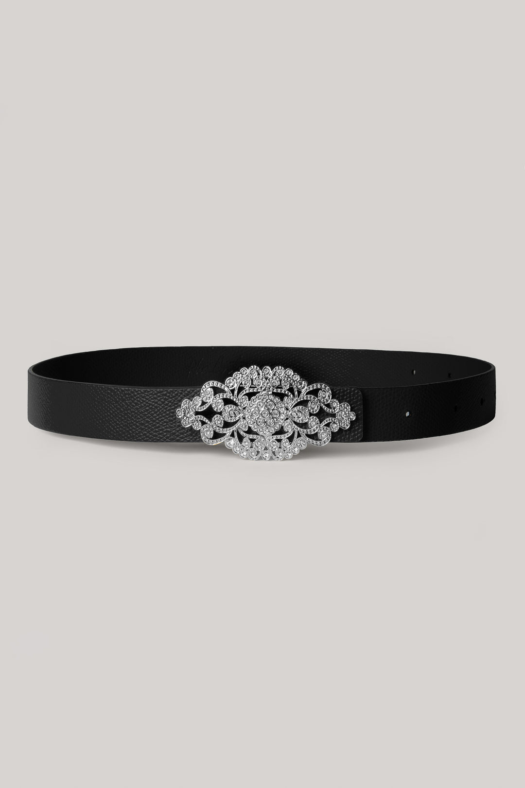 Saffiano Black Leather Waist Belt With Silver Baroque Buckle