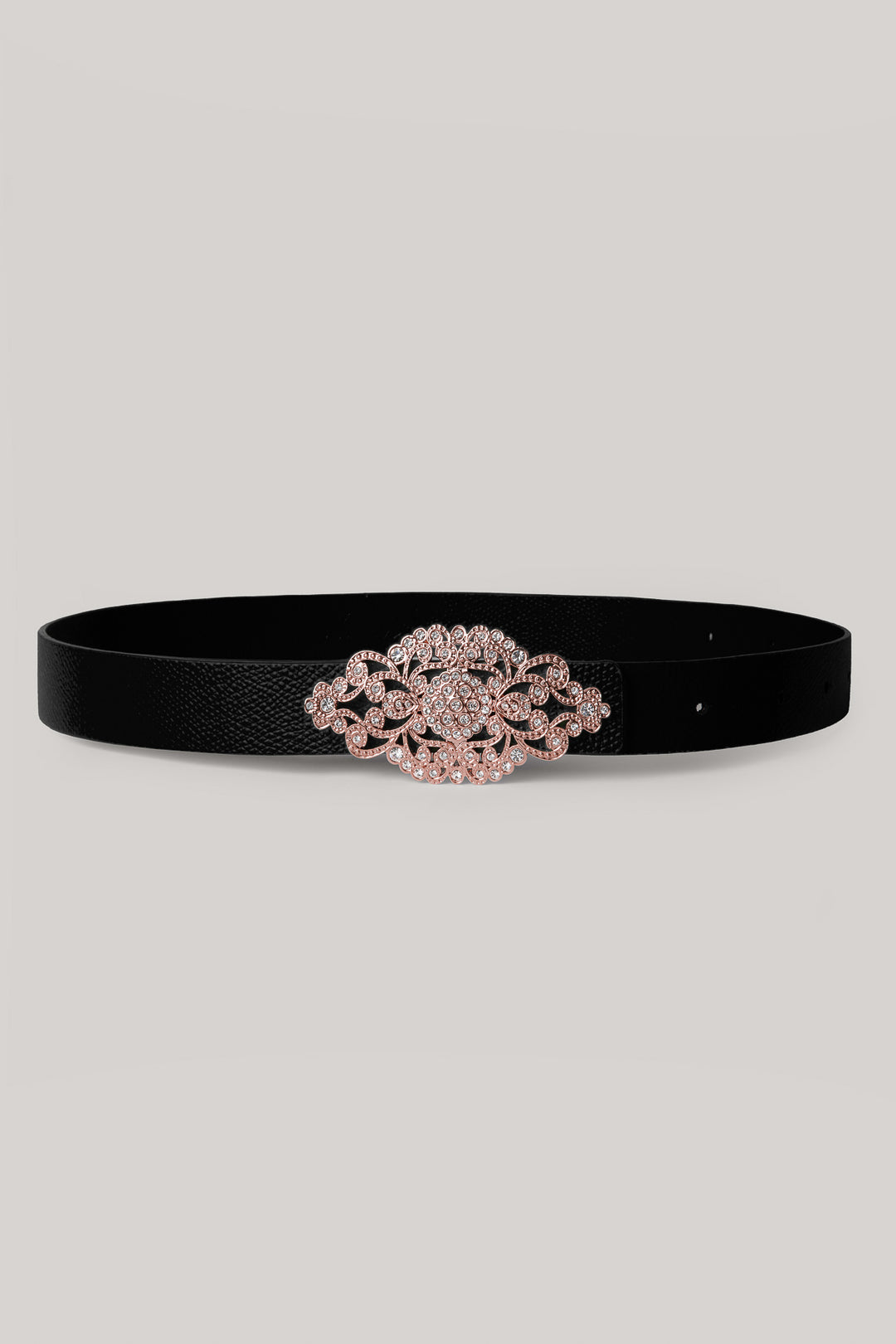 Saffiano Black Leather Waist Belt With Rose-Gold Baroque Buckle