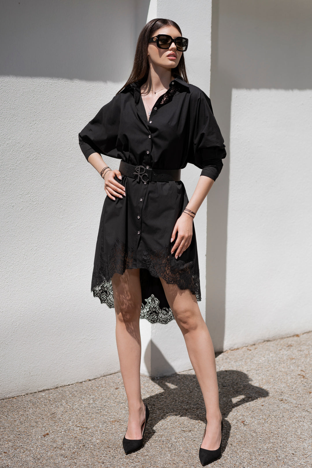 Gioia Black Lace Inserts Cotton Shirt Dress