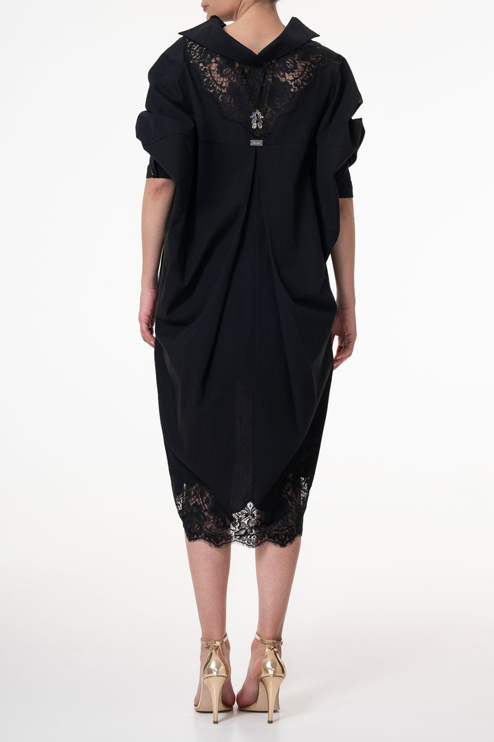Gioia Black Lace Inserts Cotton Shirt Dress
