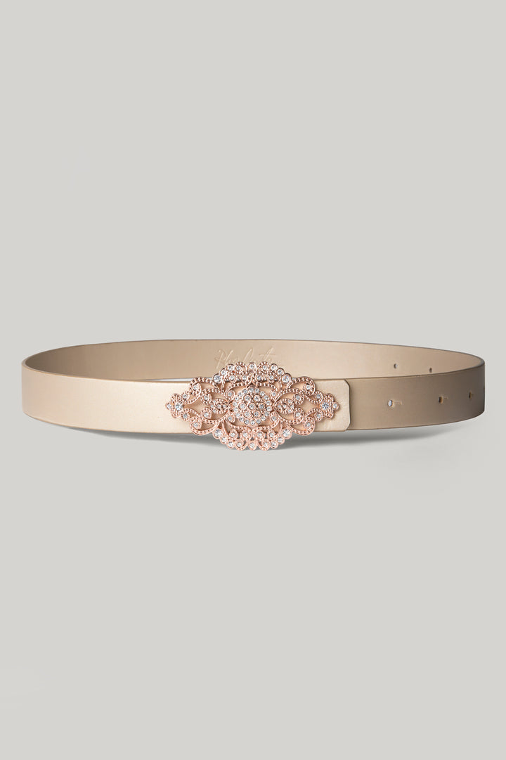 Gold Leather Waist Belt With Rose-Gold Baroque Buckle