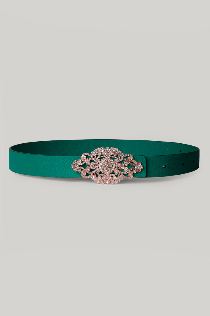 Baroque Emerald Leather Waist Belt With Rose-Gold Buckle