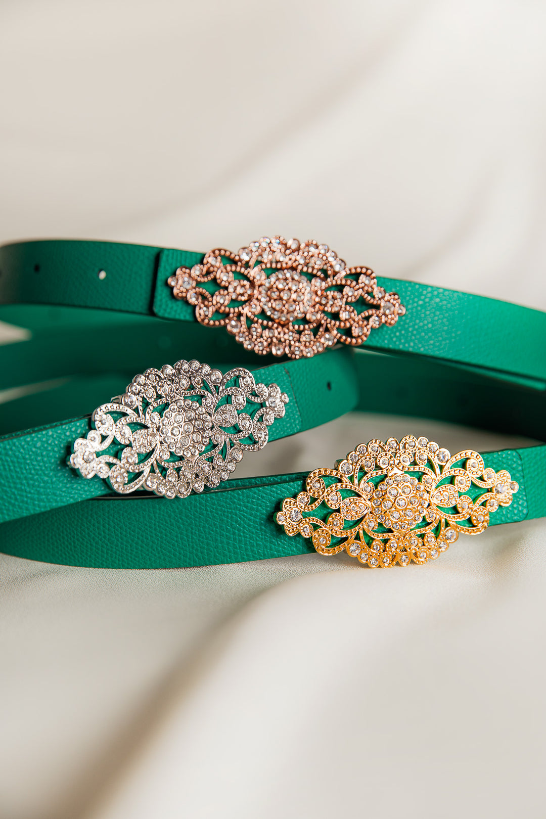 Baroque Emerald Leather Waist Belt With Rose-Gold Buckle