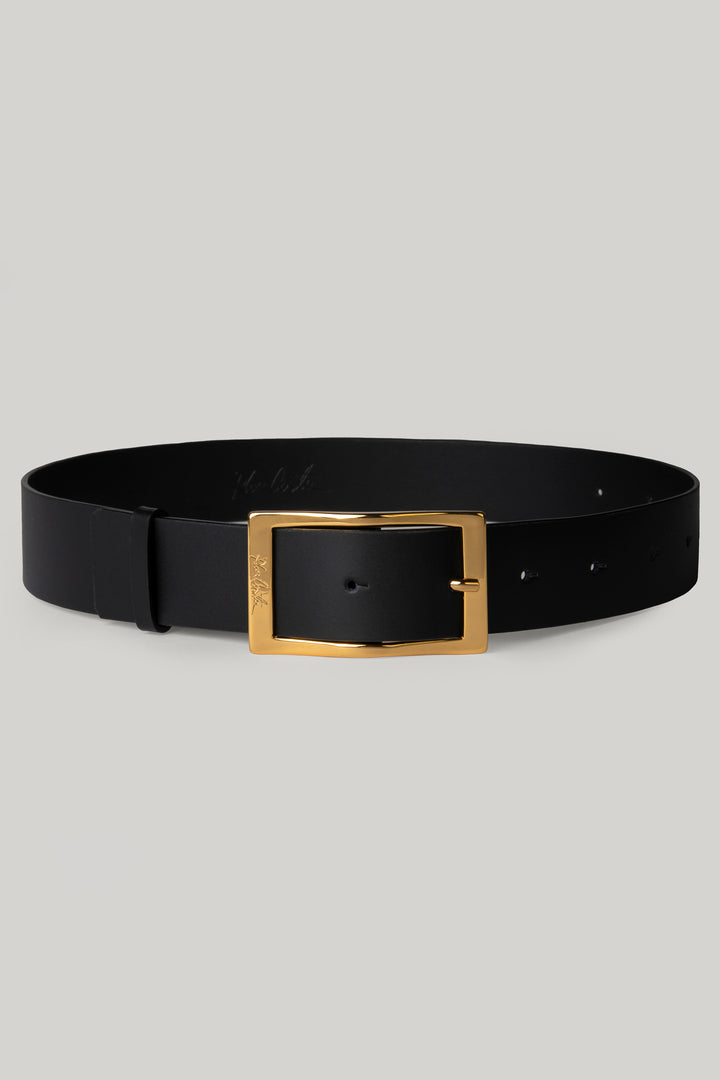 Matte Black Leather Waist Belt With Gold Buckle