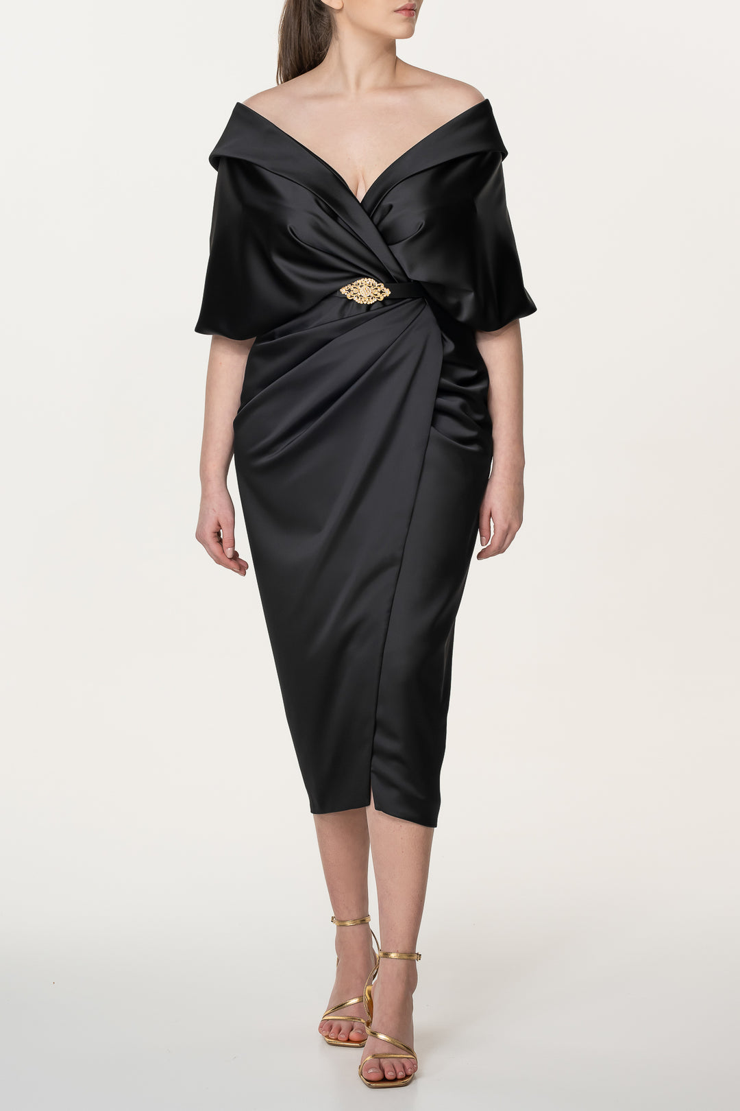 Angelina Midi Black Satin Dress