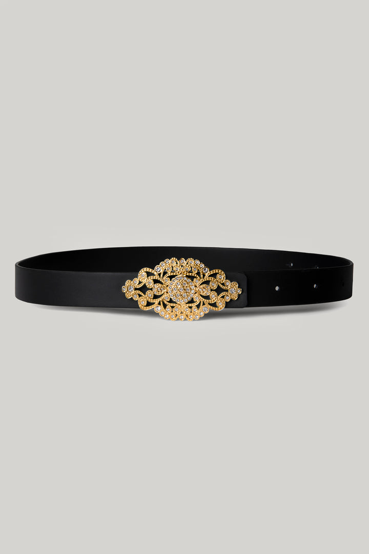 Matte Black Leather Waist Belt With Gold Baroque Buckle