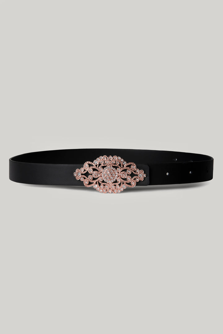 Matte Black Leather Waist Belt With Rose-Gold Baroque Buckle